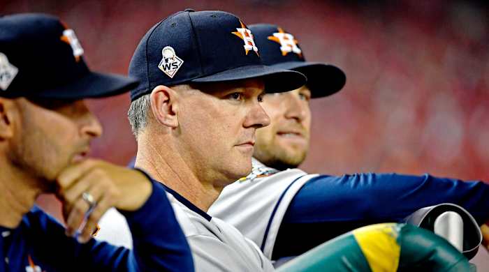 Oct 25, 2019; Washington, DC, USA; Houston Astros manger A.J. Hinch during the first inning against the Washington Nationals in game three of the 2019 World Series at Nationals Park. Mandatory Credit: Brad Mills-USA TODAY Sports