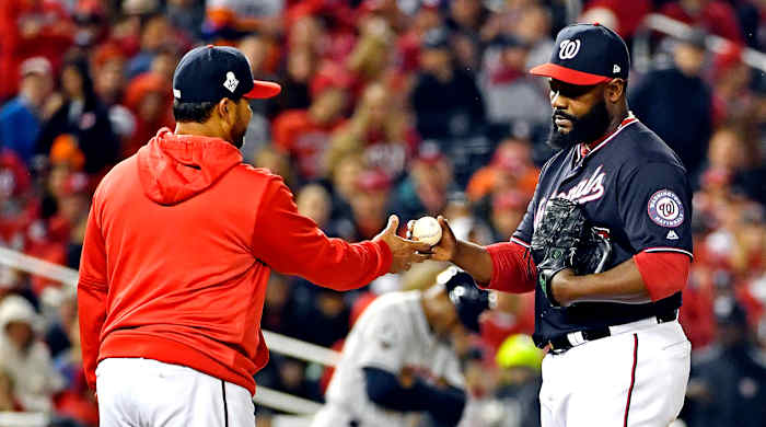 Oct 26, 2019; Washington, DC, USA; Washington Nationals manager Dave Martinez pulls relief pitcher Fernando Rodney (56) from the game during the seventh inning against the Houston Astros in game four of the 2019 World Series at Nationals Park. Mandatory Credit: Brad Mills-USA TODAY Sports