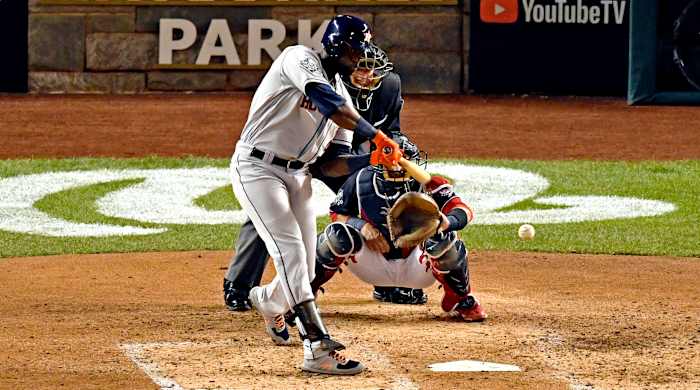 Oct 27, 2019; Washington, DC, USA; Houston Astros left fielder Yordan Alvarez (44) hits a single during the fourth inning against the Washington Nationals in game five of the 2019 World Series at Nationals Park. Mandatory Credit: Tommy Gilligan-USA TODAY Sports