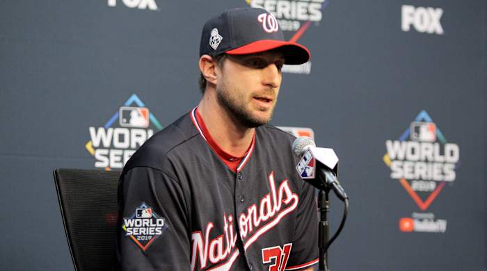 Oct 21, 2019; Houston, TX, USA; Washington Nationals starting pitcher Max Scherzer (31) speaks to the media prior to working out one day before the 2019 World Series at Minute Maid Park. Mandatory Credit: Erik Williams-USA TODAY Sports