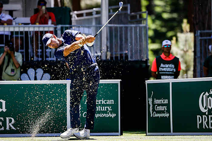 Tony Romo tees off at the American Century Championship.