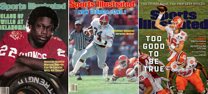 Marcus Dupree (left), Herschel Walker (center) and Trevor Lawrence (right) all landed an SI cover before their sophomore seasons.
