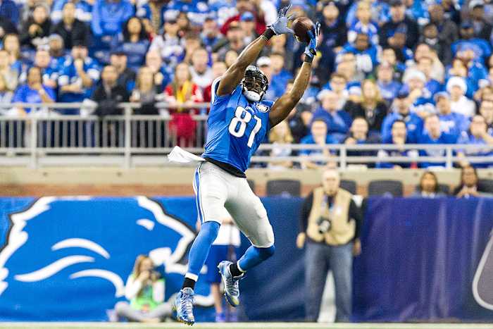 Calvin Johnson goes up for a catch in what would turn out to be his last NFL game at Ford Field.