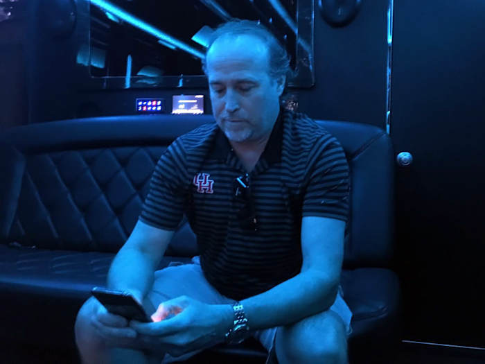 Even Holgorsen's party bus is subject to the whims of Houston traffic.