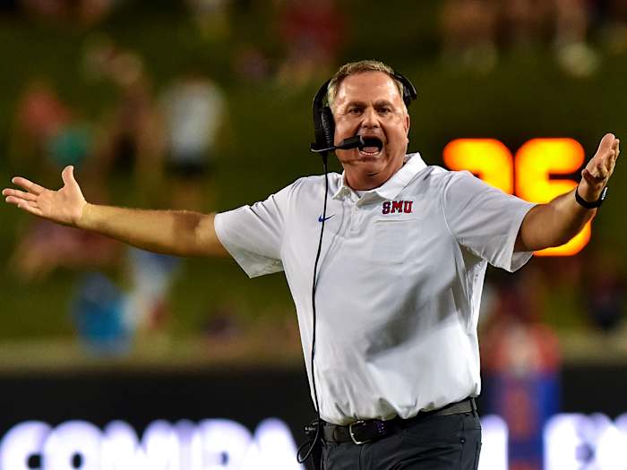 Oct 5, 2019; Dallas, TX, USA; SMU Mustangs head coach Sonny Dykes questions the call during the third quarter against Tulsa Golden Hurricanes at Gerald J. Ford Stadium. Mandatory Credit: Timothy Flores-USA TODAY Sports