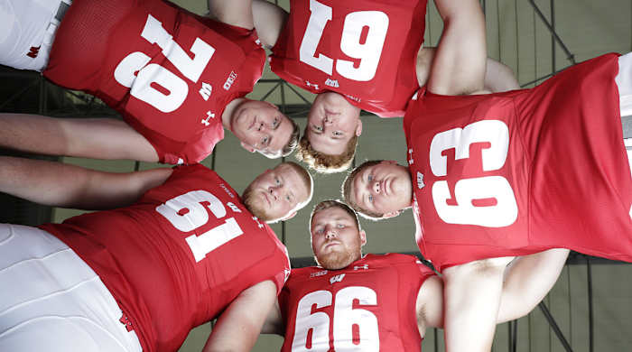Wisconsin's front five: Jon Dietzen (67), Michael Deiter (63), Beau Benzschawel (66), Tyler Biadasz (61) and David Edwards (79)