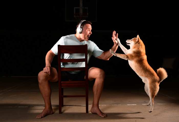 With Teddy, the 11-year-old Shiba Inu.