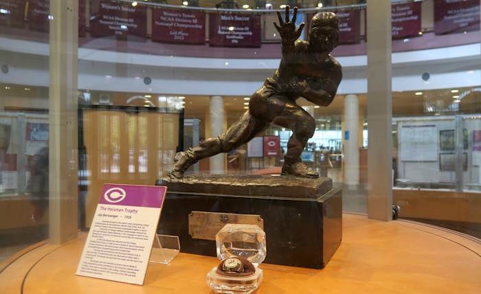 Jay Berwanger’s Heisman Trophy has pride of place in the rotunda of Ratner Athletics Center. 