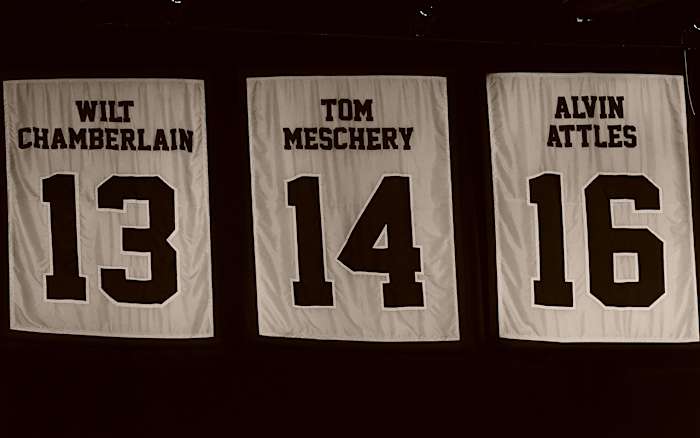 Meschery's number hangs from the rafters among lofty company at Oracle Arena.
