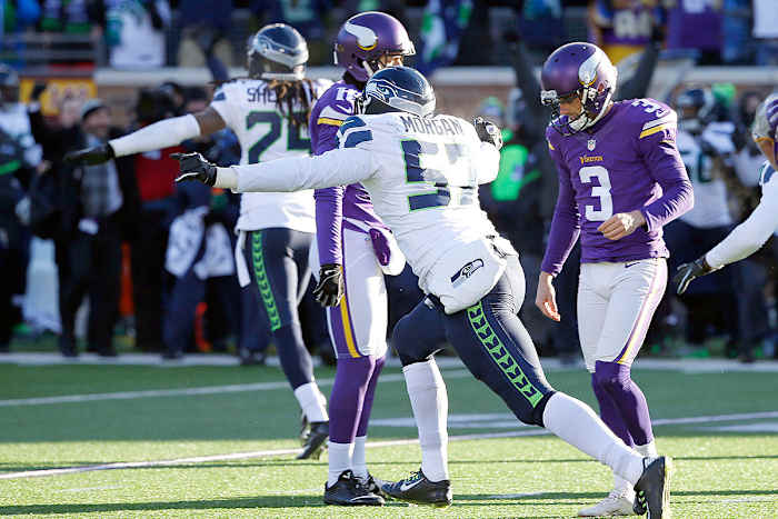 Seahawks defenders celebrate after Blair Walsh (3) missed a 27-yard field goal.
