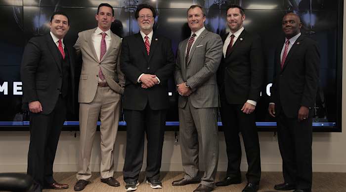 From left: Jed York, Kyle Shanahan, John York, John Lynch, Adam Peters and Martin Mayhew.
