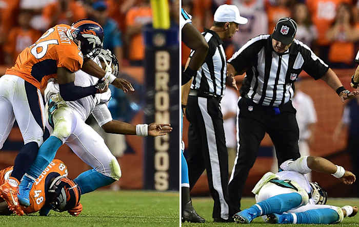 Newton took a number of head shots in last year's season opener, including this one from Denver safety Darian Stewart.