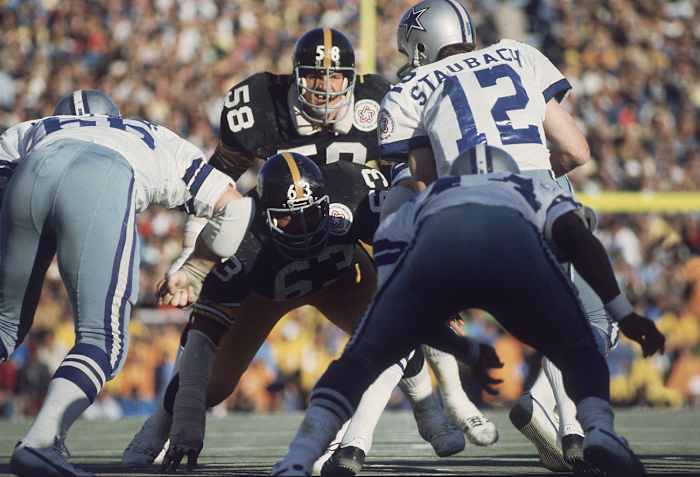 Lambert manning the middle vs. the Cowboys in Super Bowl X.