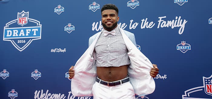 Ezekiel Elliott turned heads on the draft's red carpet when he tucked under his shirt to reveal his midriff, a nod to the NCAA’s ban on half-jerseys.
