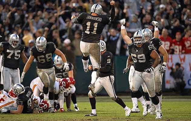 With punter Shane Lechler (9) as his holder, Janikowski became a centerpiece of Raiders teams low on entertainment—or wins.