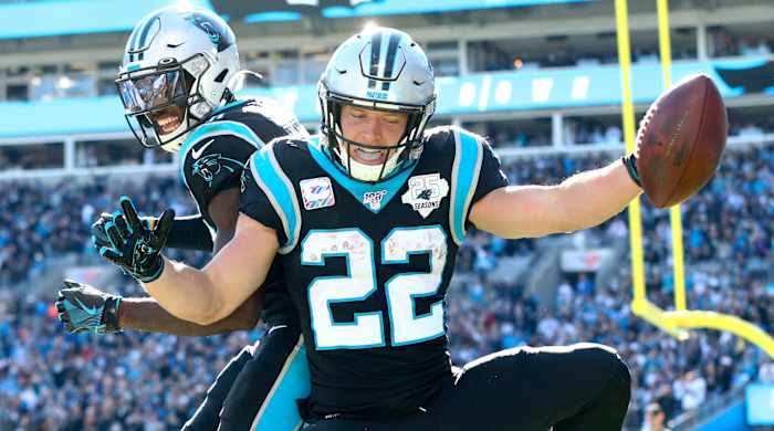 Nov 3, 2019; Charlotte, NC, USA; Carolina Panthers running back Christian McCaffrey (22) celebrates a touchdown with wide receiver Jarius Wright (13) in the second quarter at Bank of America Stadium. Mandatory Credit: Jeremy Brevard-USA TODAY Sports
