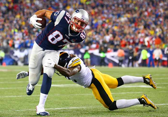 Defenses must contend with a tight end who can line up anywhere on the field; Gronk scored from three different spots against Pittsburgh last year.