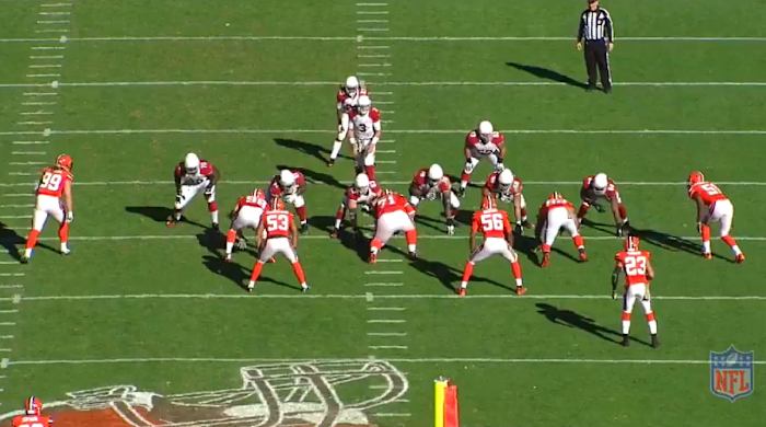The Cardinals line up for Pistol Strong Left, with center Shipley to Palmer’s left side. Seven-man protection will give the quarterback time to make his reads.