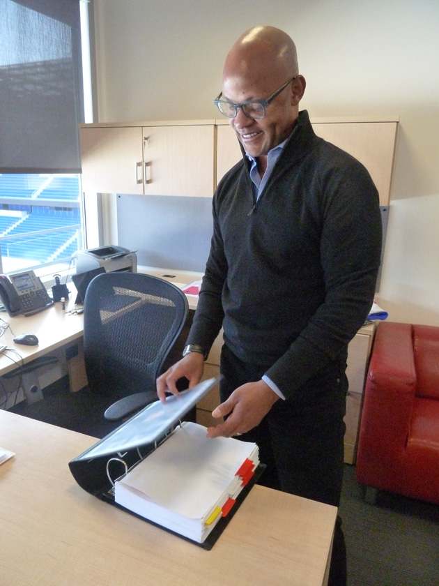 Ali Curtis stands in his Red Bull Arena office with his plan to revamp the club.