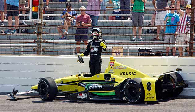 Sage Karam reacts after his crash.