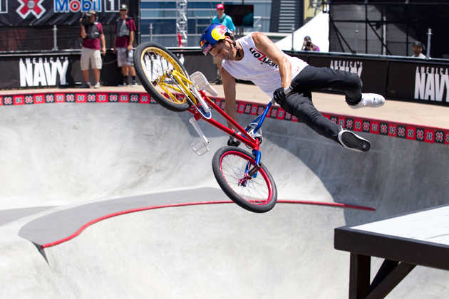 Dhers in action at Summer X Games 17 in Los Angeles in 2011, where he would take the gold medal in the BMX Freestyle Park event.