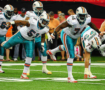 Mike Pouncey (51) and John Jerry (74) likely will be facing punishment from the NFL for their roles in the harassment of Jonathan Martin. (Scott Cunningham/Getty Images)