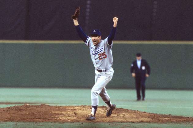 Dodgers pitcher Tommy John runs off the mound in celebration after winning Game 4 (and the series) in a National League Championship matchup against the Philadelphia Phillies in 1977, three years after undergoing surgery.