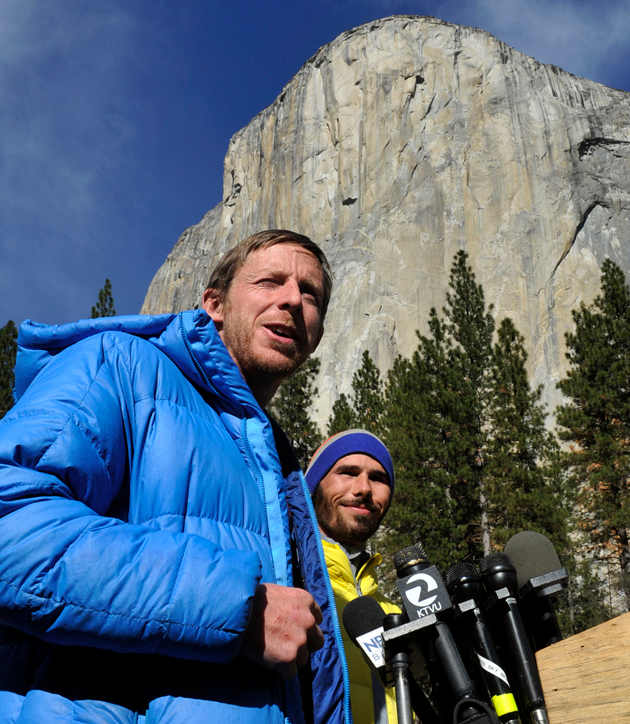 Caldwell and Jorgeson with El Capitan in the background after they completed 19 days of free-climbing.