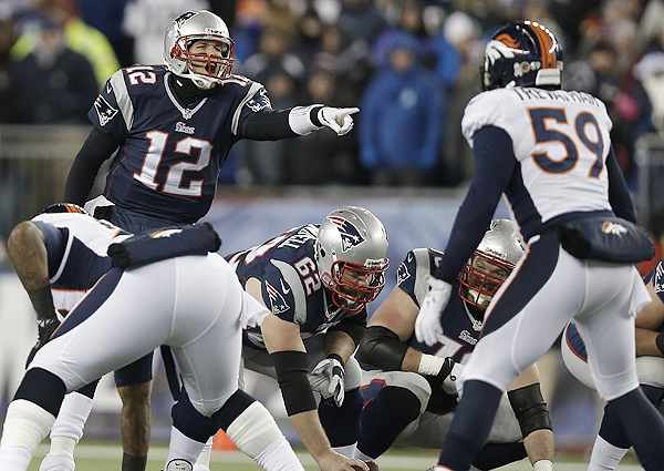 Tom Brady (top) is 10-4 lifetime against Peyton Manning, but has yet to face Manning in Denver.