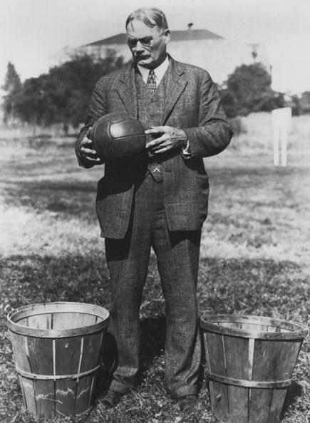 The first game of basketball was played with a soccer ball and two peach baskets nailed to the lower rail of the gymnasium balcony.