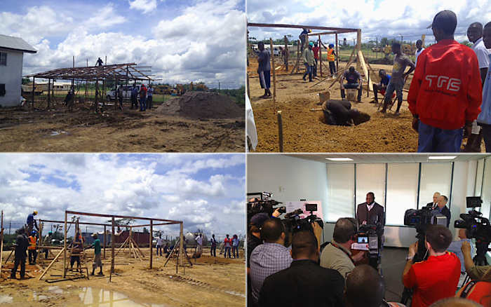 Pictures of an Ebola treatment unit being built in Liberia, and Hali (lower right) speaking at Heart to Heart International’s press conference on Oct. 7 (Courtesy Heart to Heart International)