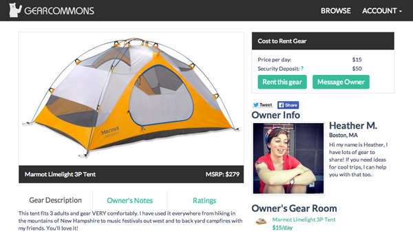 GearCommons' website offers people the chance to share gear they own with others looking to rent things like tents, backpacking equipment, kayaks and more.