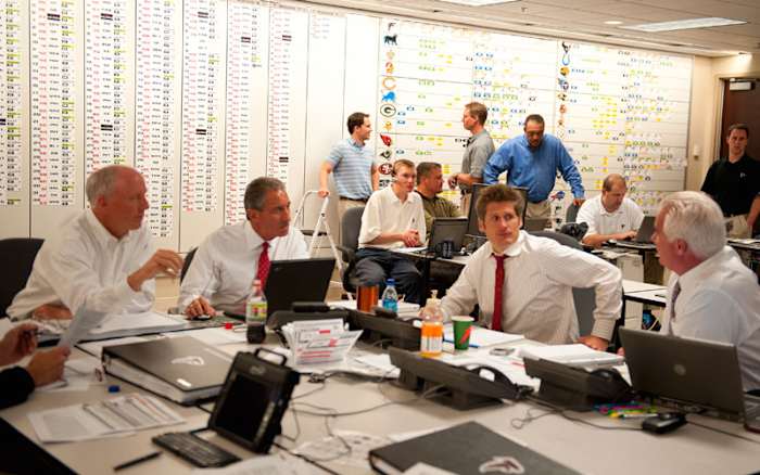 A look inside the Atlanta Falcons war room in 2008. (Bob Rosato/SI/The MMQB)