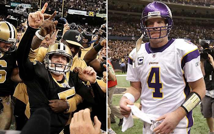 The ecstasy and agony: Garrett Hartley's field goal made him a hero in New Orleans, and Brett Favre a goat to the rest of the nation. (Jed Jacobsohn/Getty Images :: Damian Strohmeyer/SI)