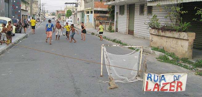 A "street of leisure" roped off for kids to play on weekends in Mesquita, Brazil