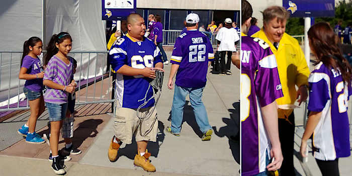 These fans were turned away at the gate before the Vikings-Browns game for not having the proper bag. (Jenny Vrentas/SI)