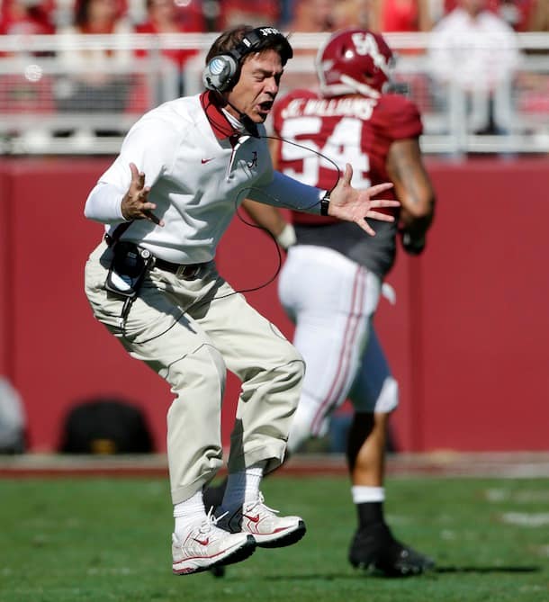 Nick Saban is seen here in a moment of mild fury. (AP)