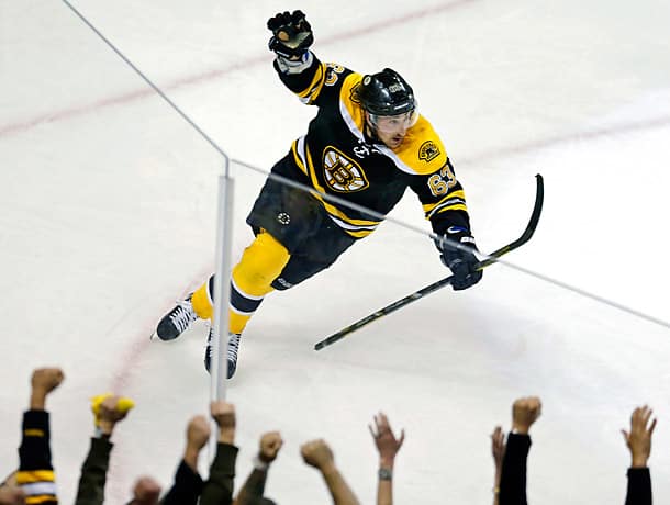 Brad Marchand finally broke through after being held to three assists in the seven-game series against the Leafs. (Charles Krupa/AP)