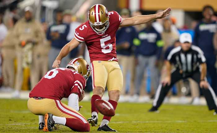 49ers' Chase McLaughlin attempts a field goal on Monday Night Football