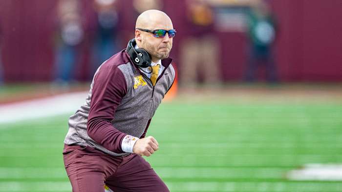 Nov 9, 2019; Minneapolis, MN, USA; Minnesota Golden Gophers head coach P.J. Fleck looks on after a touchdown in the first half against the Penn State Nittany Lions at TCF Bank Stadium. Mandatory Credit: Jesse Johnson-USA TODAY Sports