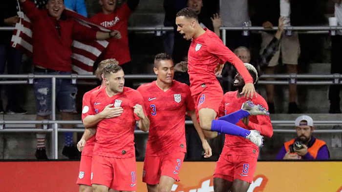 Jordan Morris celebrates scoring against Canada.