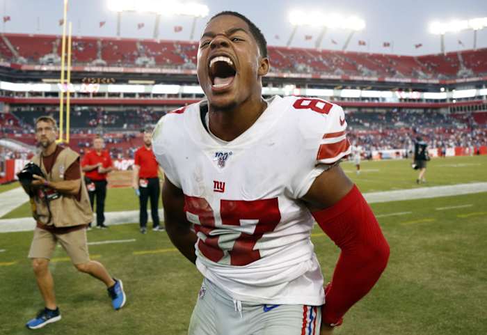Sep 22, 2019; Tampa, FL, USA; New York Giants wide receiver Sterling Shepard (87) celebrates after defeating the Tampa Bay Buccaneers at Raymond James Stadium.