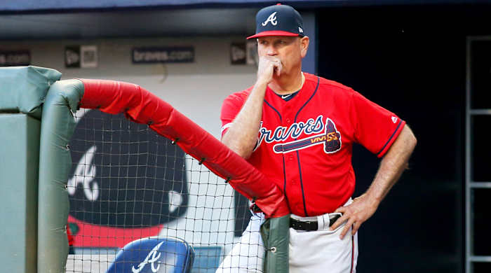 Apr 26, 2019; Atlanta, GA, USA; Atlanta Braves manager Brian Snitker (43) in the dugout against the Colorado Rockies in the first inning at SunTrust Park. Mandatory Credit: Brett Davis-USA TODAY Sports