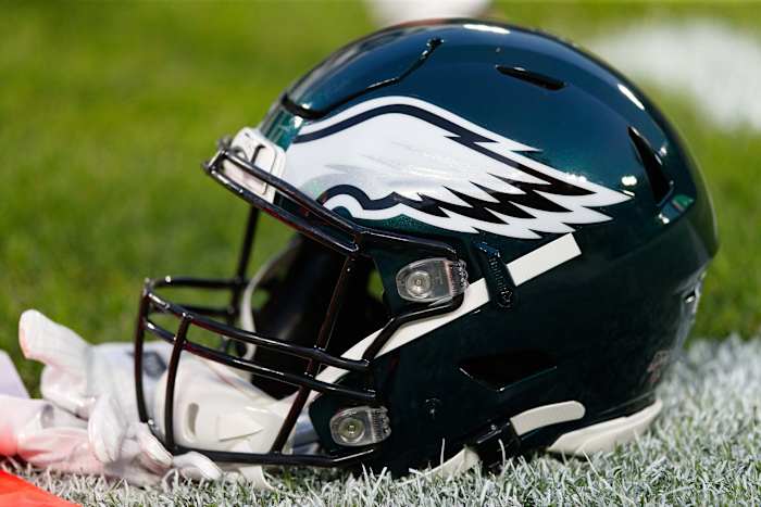 Sep 26, 2019; Green Bay, WI, USA; A Philadelphia Eagles helmet sits on the field during warmups prior to the game against the Green Bay Packers at Lambeau Field.