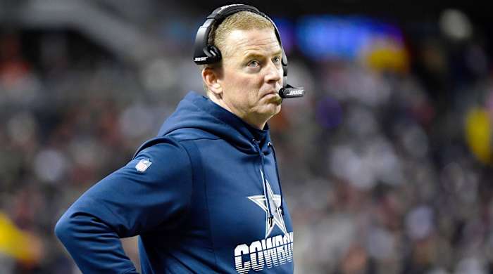 Dec 5, 2019; Chicago, IL, USA; Dallas Cowboys head coach Jason Garrett looks on in the first half against the Chicago Bears at Soldier Field. Mandatory Credit: Quinn Harris-USA TODAY Sports