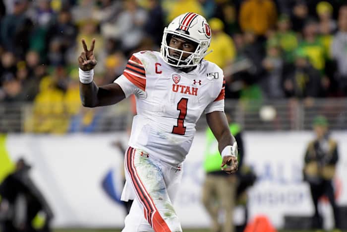 Dec 6, 2019; Santa Clara, CA, USA; Utah Utes quarterback Tyler Huntley (1) reacts during the second half of the Pac-12 Conference championship game against the Oregon Ducks at Levi's Stadium.