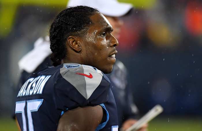 Tennessee Titans cornerback Adoree' Jackson (25) looks on from the sidelines during the first half against the Pittsburgh Steelers at Nissan Stadium.