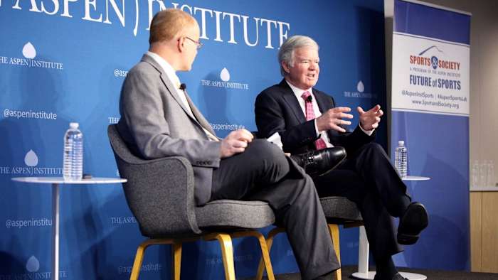 NCAA president Mark Emmert participates in a panel discussion at the Aspen Institute in DC on Tuesday. In the foreground is Jon Solomon, editorial director of the Aspen Institute’s Sports and Society Program.