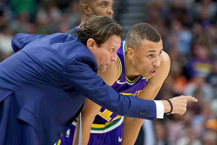 New Cavaliers guard Dante Exum listens to Jazz coach Dante Exum.