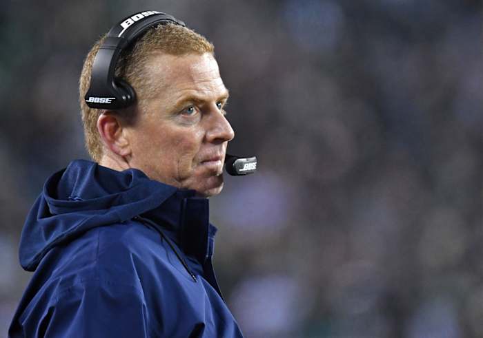 Dec 22, 2019; Philadelphia, Pennsylvania, USA; Dallas Cowboys head coach Jason Garrett on the sidelines against the Philadelphia Eagles at Lincoln Financial Field.